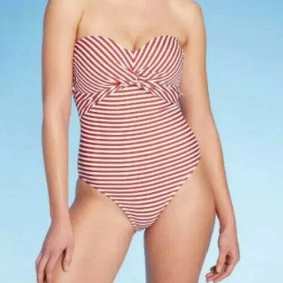 Swimsuit KONA SOL Red Stripe One Piece Strapless Swimsuit M 8-10 with Strap - Picture 1 of 11